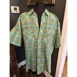 Vintage Men’s Team Tex Western Cut Short Sleeve Button Shirt XL Slim Green Plaid